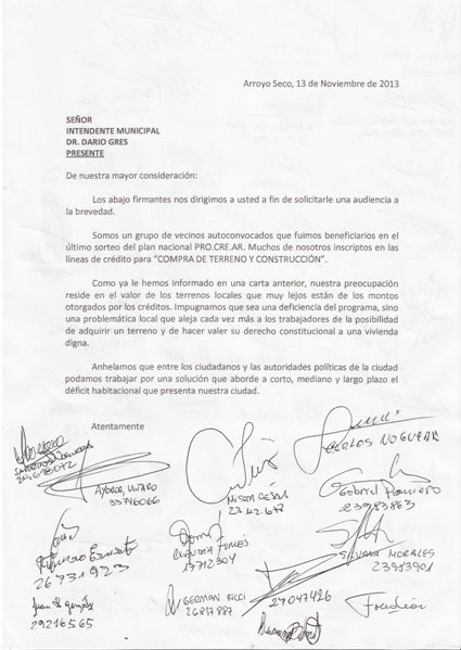Carta fimada por vecinos PRO.CRE.AR