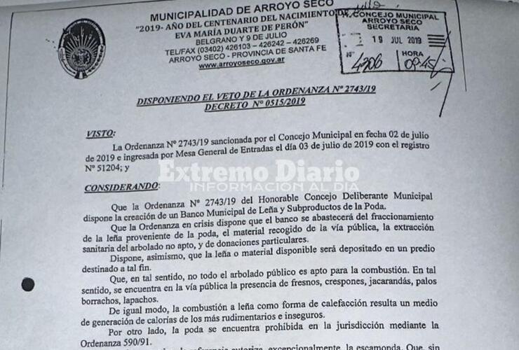 La ordenanza presentada oportunamente, fue vetada por el ex intendente Esper.