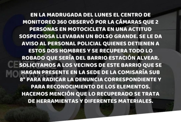 Imagen de Gracias al aviso del monitoreo, la policía recupera herramientas y otros elementos