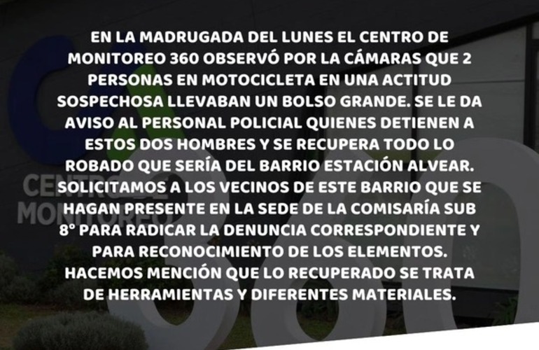 Imagen de Gracias al aviso del monitoreo, la policía recupera herramientas y otros elementos