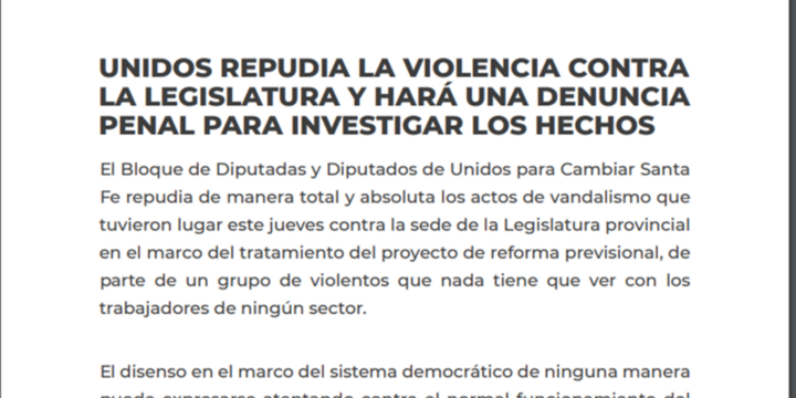 Imagen de Unidos repudia la violencia contra la Legislatura y hará la denuncia penal para investigar los hechos