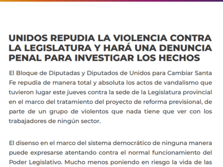 Imagen de Unidos repudia la violencia contra la Legislatura y hará la denuncia penal para investigar los hechos