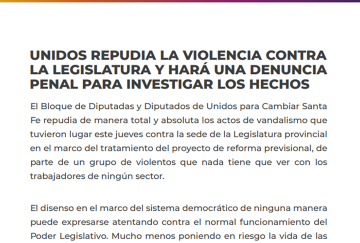 Imagen de Unidos repudia la violencia contra la Legislatura y hará la denuncia penal para investigar los hechos