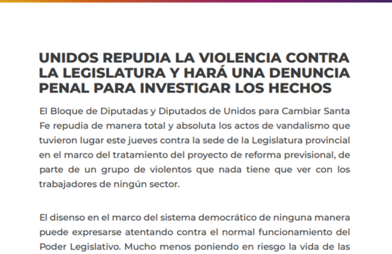 Imagen de Unidos repudia la violencia contra la Legislatura y har&aacute; la denuncia penal para investigar los hechos