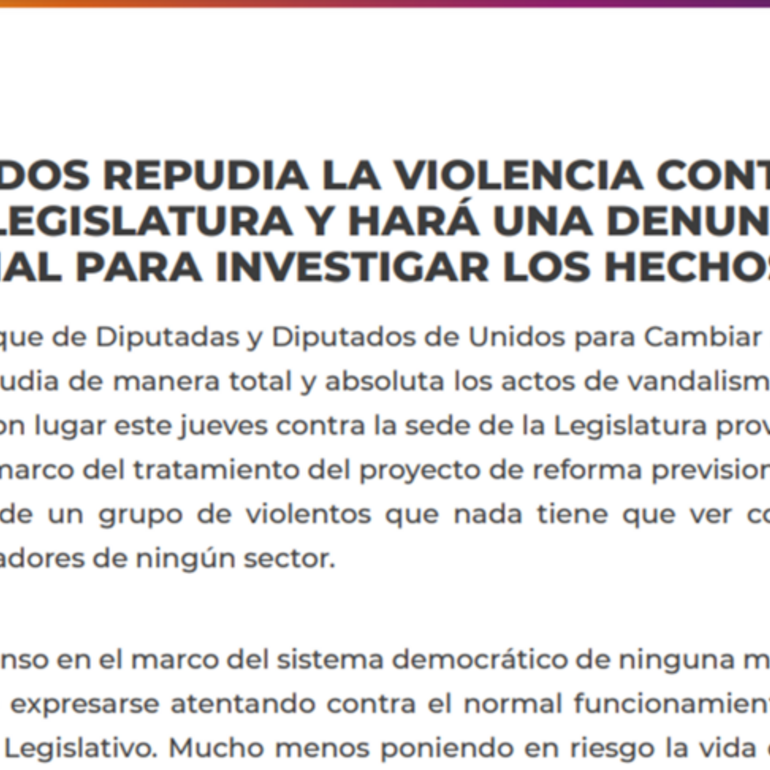 Imagen de Unidos repudia la violencia contra la Legislatura y hará la denuncia penal para investigar los hechos