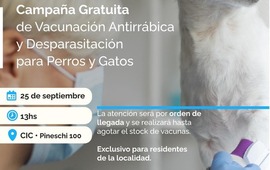 Imagen de Campa&ntilde;a de vacunaci&oacute;n antirr&aacute;bica y desparasitaci&oacute;n gratuita para perros y gatos