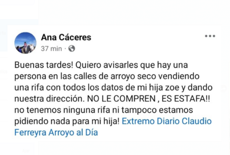 La publicación que la mamá hizo en Facebook para advertir a los vecinos.