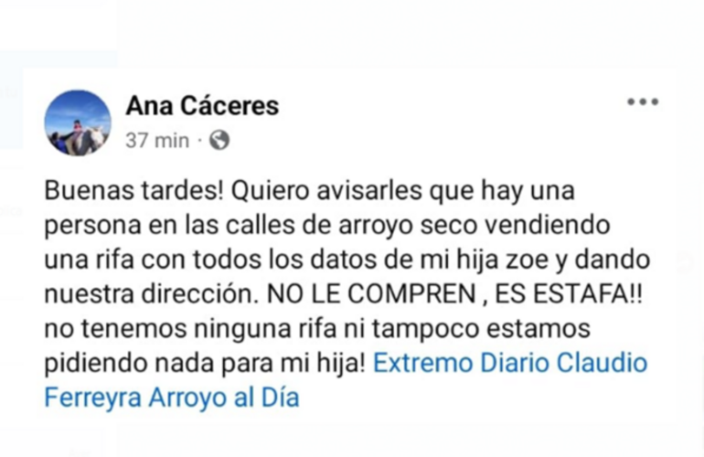 La publicaci&oacute;n que la mam&aacute; hizo en Facebook para advertir a los vecinos.