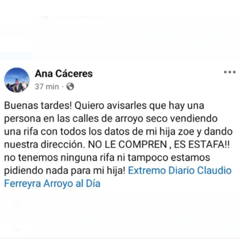 La publicación que la mamá hizo en Facebook para advertir a los vecinos.