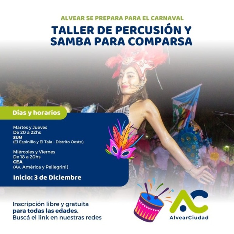 Imagen de Alvear se prepara para el Carnaval: comienzan los talleres de percusión y samba