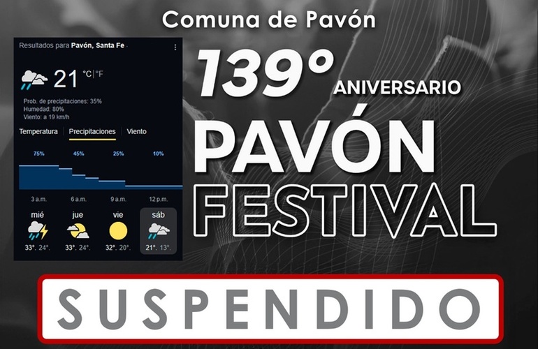 Imagen de La Comuna de Pavón suspende el festival por su 139° aniversario debido a pronósticos de lluvias