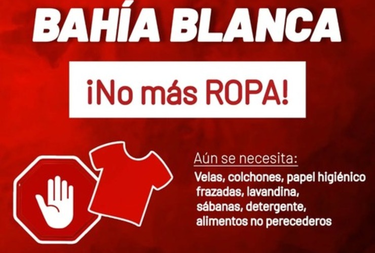 Imagen de Colecta solidaria por Bahía Blanca: Bomberos de Arroyo Seco piden no donar más ropa