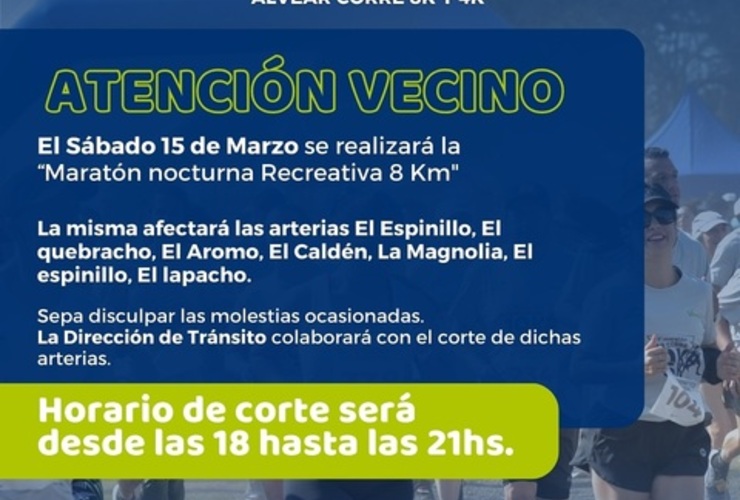 Imagen de Cortes de tránsito en Alvear por la Maratón Nocturna del sábado 15 de marzo