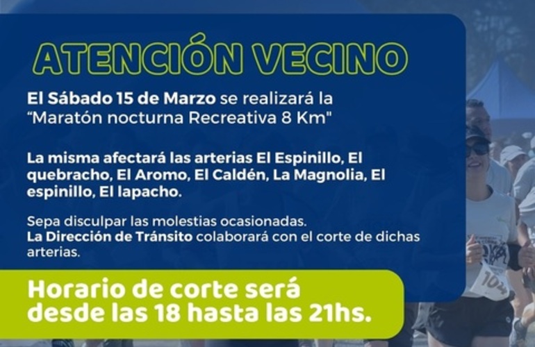 Imagen de Cortes de tr&aacute;nsito en Alvear por la Marat&oacute;n Nocturna del s&aacute;bado 15 de marzo