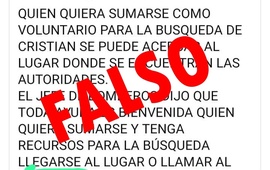 Imagen de Informaci&oacute;n falsa: Desmienten que est&eacute;n convocando voluntarios para la b&uacute;squeda