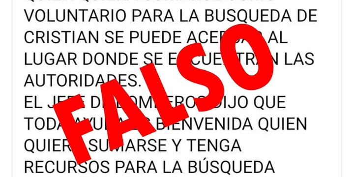 Imagen de Información falsa: Desmienten que estén convocando voluntarios para la búsqueda