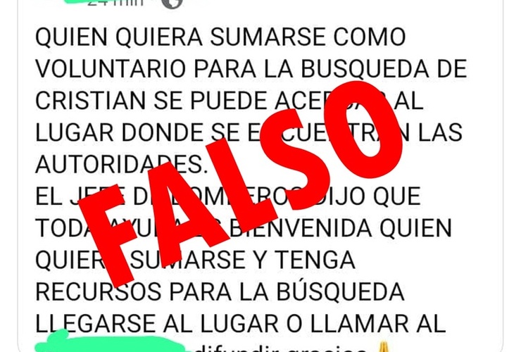 Imagen de Información falsa: Desmienten que estén convocando voluntarios para la búsqueda