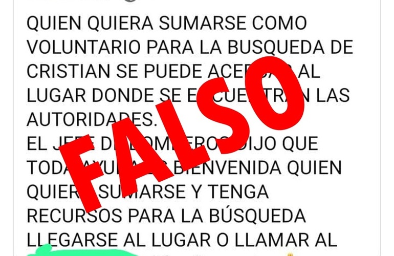 Imagen de Informaci&oacute;n falsa: Desmienten que est&eacute;n convocando voluntarios para la b&uacute;squeda