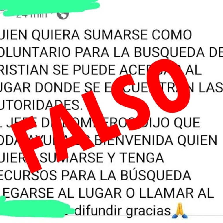 Imagen de Información falsa: Desmienten que estén convocando voluntarios para la búsqueda