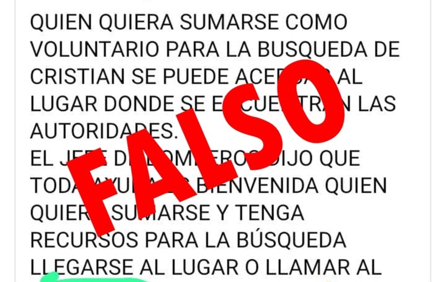 Imagen de Información falsa: Desmienten que estén convocando voluntarios para la búsqueda