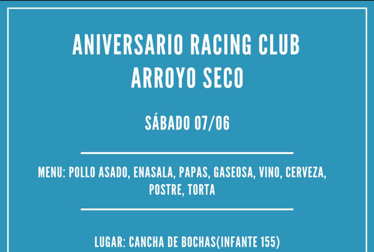 Imagen de La Peña 'Racing Club Arroyo Seco' hará su Cena Primer Aniversario el 7/06 en Don Orlando