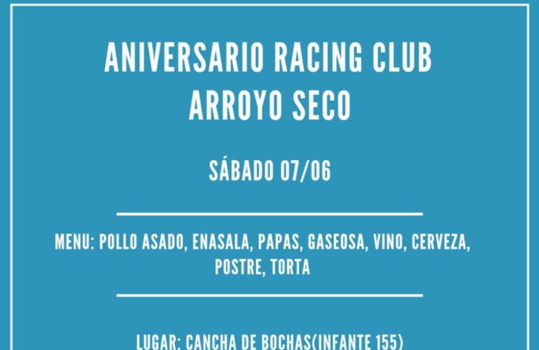 Imagen de La Pe&ntilde;a 'Racing Club Arroyo Seco' har&aacute; su Cena Primer Aniversario el 7/06 en Don Orlando