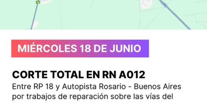 Imagen de Corte total en RNAO12 entre RP18 y Autopista Rosario  Buenos Aires