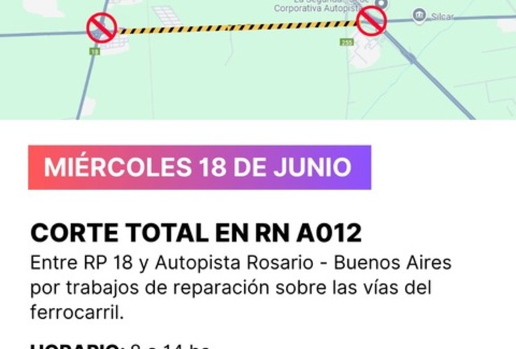 Imagen de Corte total en RNAO12 entre RP18 y Autopista Rosario  Buenos Aires