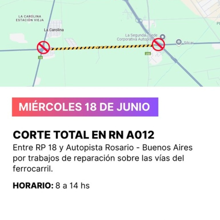 Imagen de Corte total en RNAO12 entre RP18 y Autopista Rosario  Buenos Aires