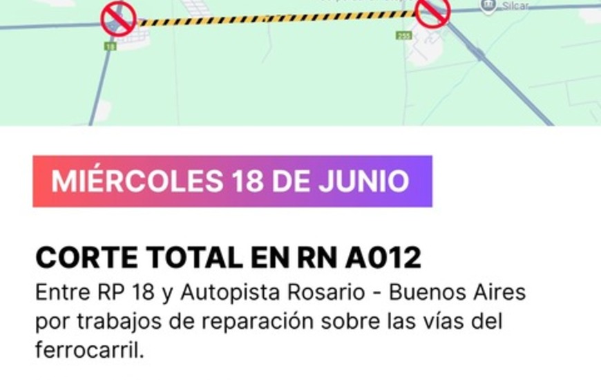 Imagen de Corte total en RNAO12 entre RP18 y Autopista Rosario � Buenos Aires