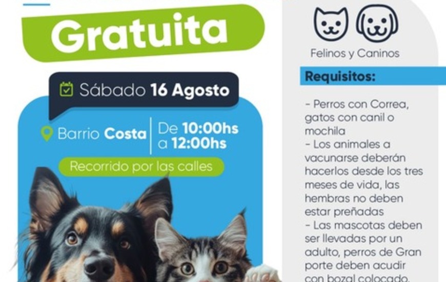 Imagen de Fighiera realizar&aacute; una nueva jornada de vacunaci&oacute;n antirr&aacute;bica en barrio Costa del Paran&aacute;