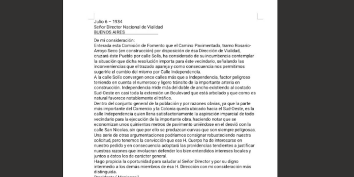 El escrito presentado a la Dirección de Vialidad hace más de 90 años atrás