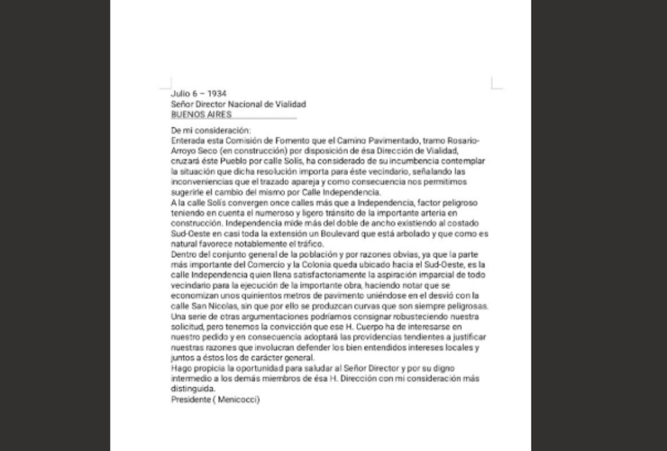 El escrito presentado a la Dirección de Vialidad hace más de 90 años atrás