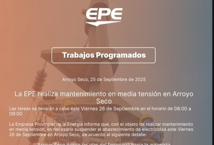 Imagen de Corte programado: La EPE realizar&aacute; mantenimiento en media tensi&oacute;n en Arroyo Seco