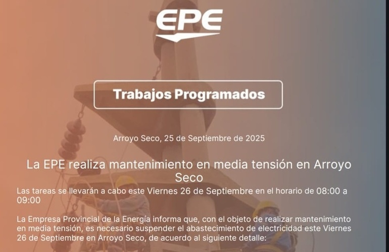 Imagen de Corte programado: La EPE realizará mantenimiento en media tensión en Arroyo Seco