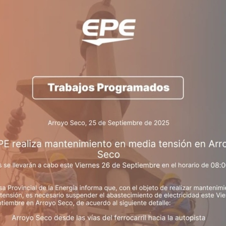 Imagen de Corte programado: La EPE realizará mantenimiento en media tensión en Arroyo Seco
