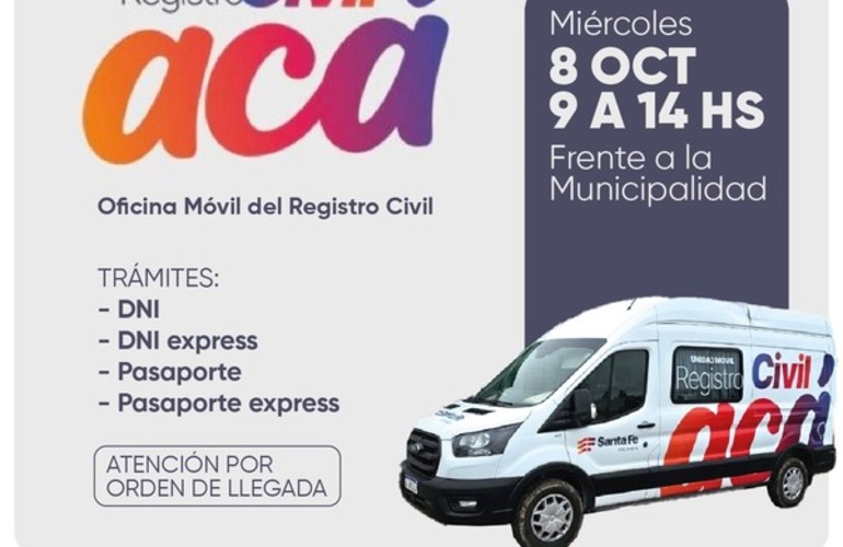 Imagen de Registro Civil ACÁ: llega la Oficina Móvil a Arroyo Seco