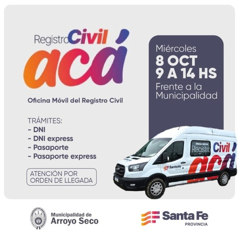 Imagen de Registro Civil ACÁ: llega la Oficina Móvil a Arroyo Seco