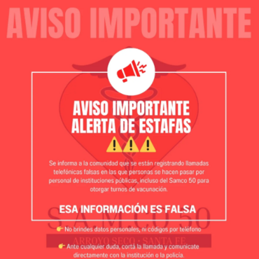 Imagen de El SAMCo Arroyo Seco alertó por estafas telefónicas con falsos turnos de vacunación