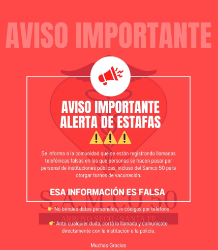 Imagen de El SAMCo Arroyo Seco alert&oacute; por estafas telef&oacute;nicas con falsos turnos de vacunaci&oacute;n