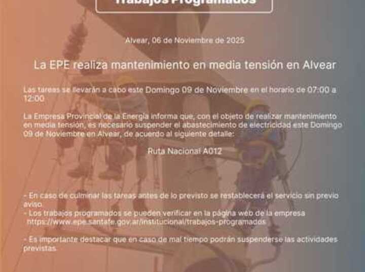 Imagen de La EPE realizará mantenimiento en media tensión este domingo en Alvear