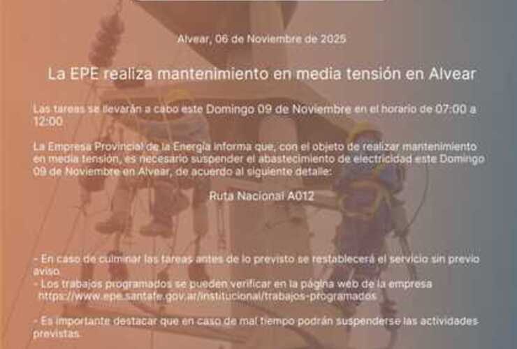 Imagen de La EPE realizará mantenimiento en media tensión este domingo en Alvear