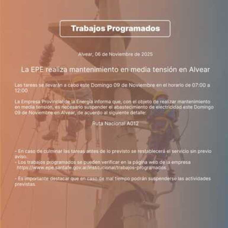 Imagen de La EPE realizará mantenimiento en media tensión este domingo en Alvear Imagen de La EPE realizará mantenimiento en media tensión este domingo en Alvear
