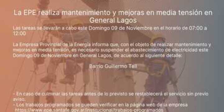 Imagen de La EPE realizará mantenimiento y mejoras en media tensión este domingo en General Lagos