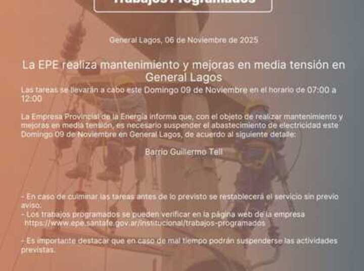Imagen de La EPE realizará mantenimiento y mejoras en media tensión este domingo en General Lagos