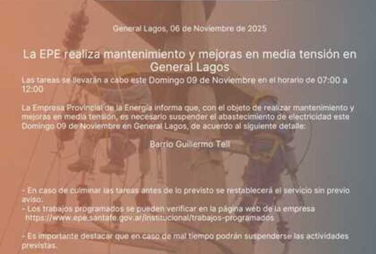 Imagen de La EPE realizará mantenimiento y mejoras en media tensión este domingo en General Lagos