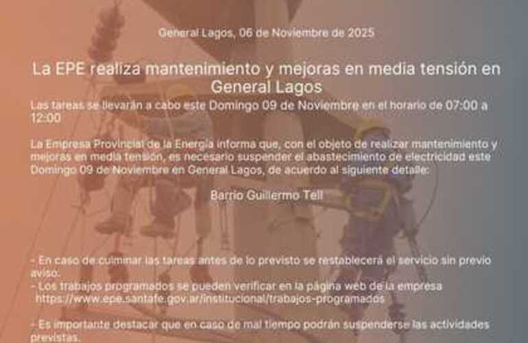 Imagen de La EPE realizará mantenimiento y mejoras en media tensión este domingo en General Lagos