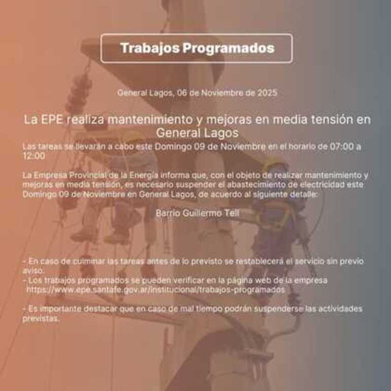 Imagen de La EPE realizará mantenimiento y mejoras en media tensión este domingo en General Lagos