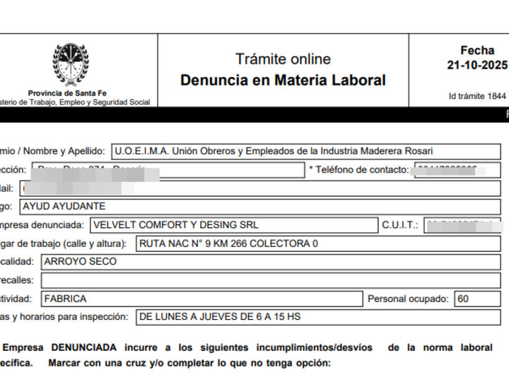 Imagen de Denuncian a la empresa Velvet por maniobras fraudulentas para evitar el pago de indemnizaciones