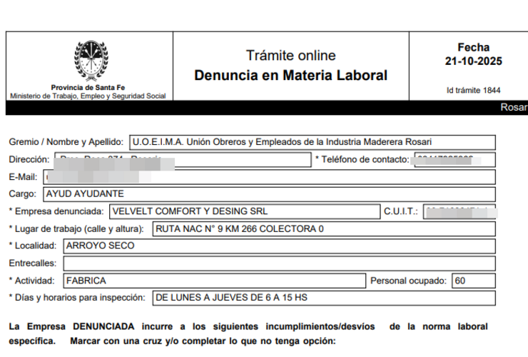Imagen de Denuncian a la empresa Velvet por maniobras fraudulentas para evitar el pago de indemnizaciones